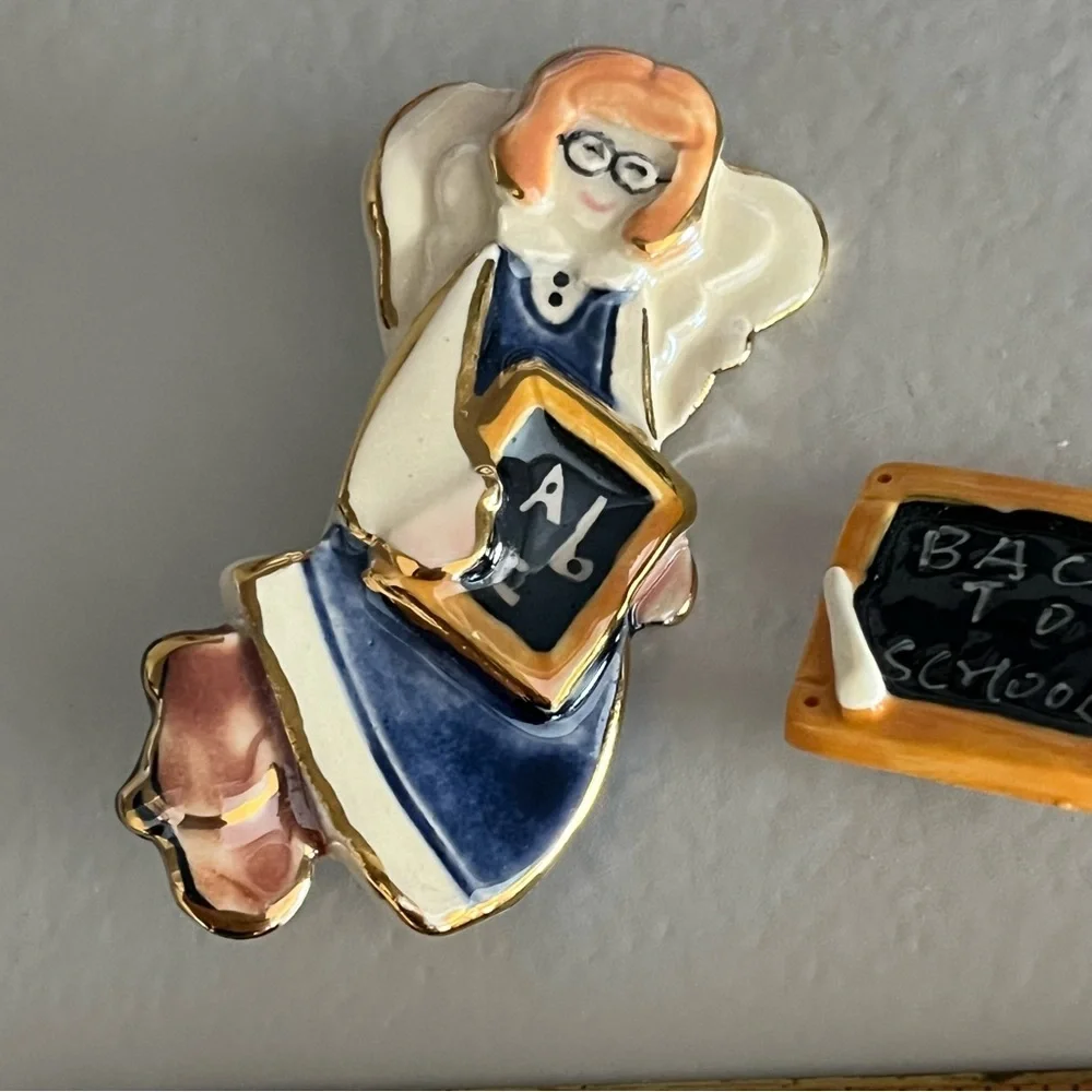 2 Teacher Angel Set Pin Brooch Iridescent School Teacher Chalkboard gift Vintage